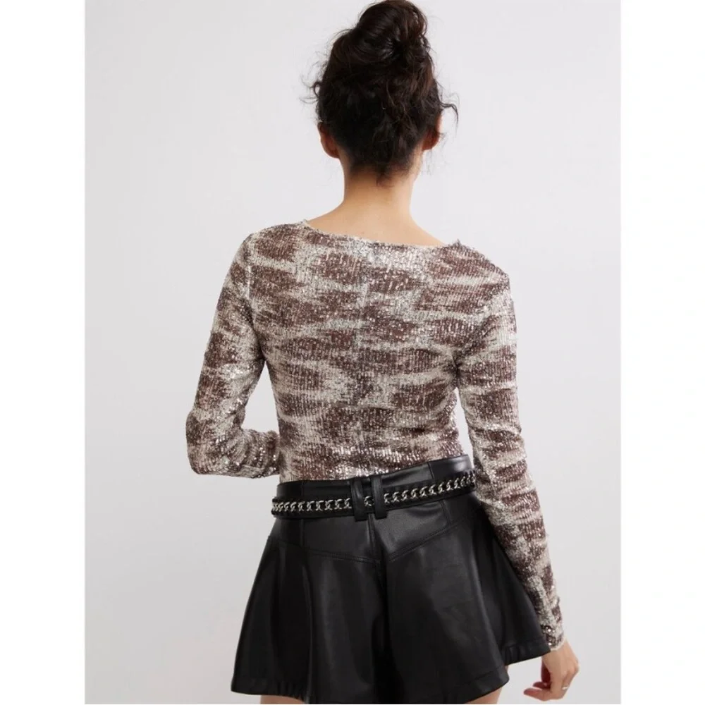 FREE PEOPLE Printed Gold Rush Long Sleeve / Alabaster Combo NWT XS mesh top